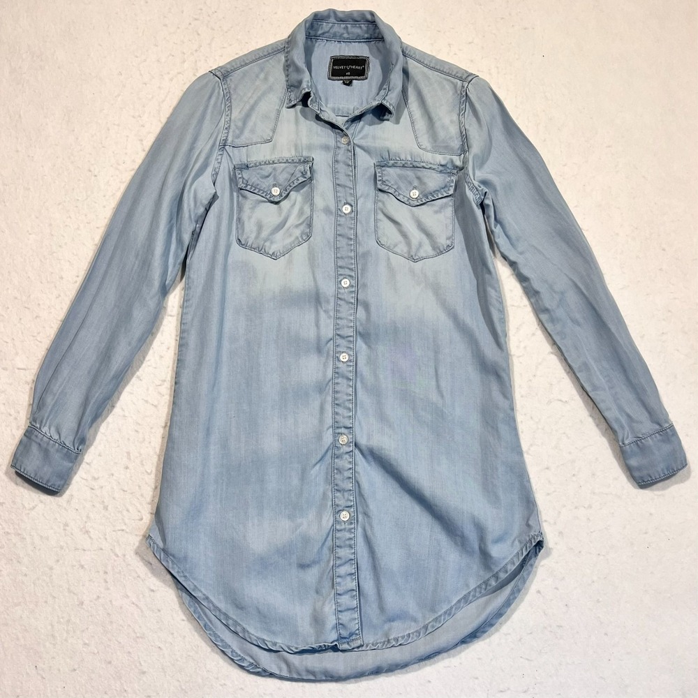 Velvet Heart Shirt Dress Chambray Blue Double Pocket Long Sleeve Women's XS